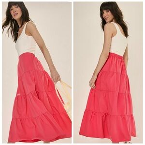 FRANCESCA’S NWT M TGLA Sandra Tiered Midi Skirt in Pink • 100% Cotton Coral
